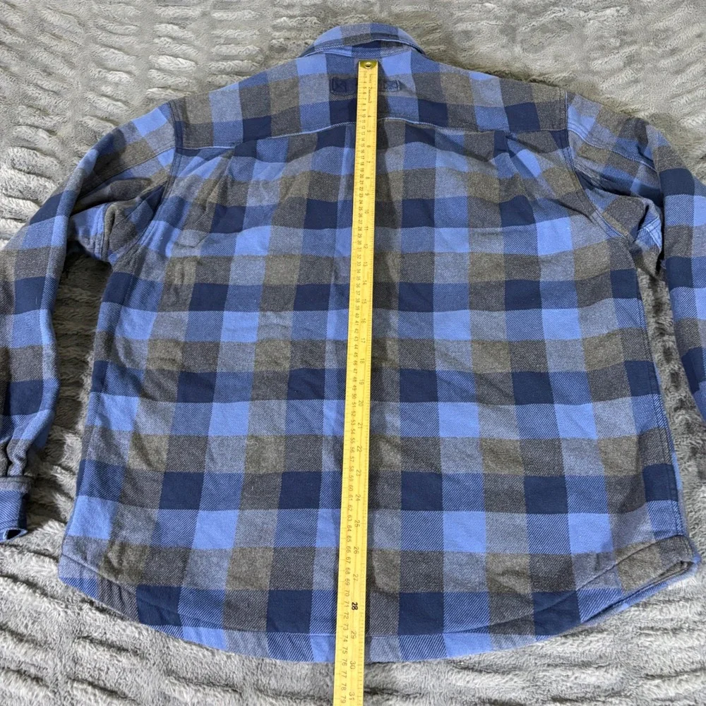 Duluth Trading Co Mens Large Fleece Lined Flannel Shirt Jacket Blue Plaid Cotton